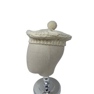 Handmade Vintage Cream Cable Knit Beret‎ Pom Pom Women Off White Winter Hat